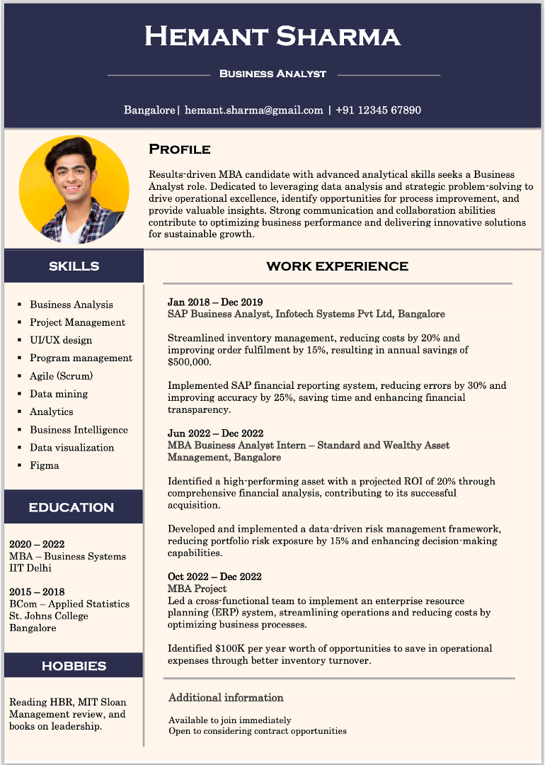 MBA resume for Business Analyst jobs
